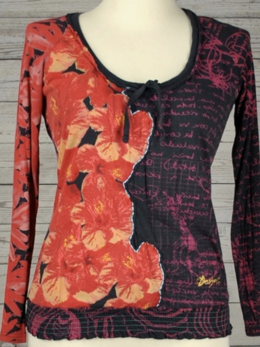 Desigual Red and Black Floral Patchwork Long-Sleeve Tee